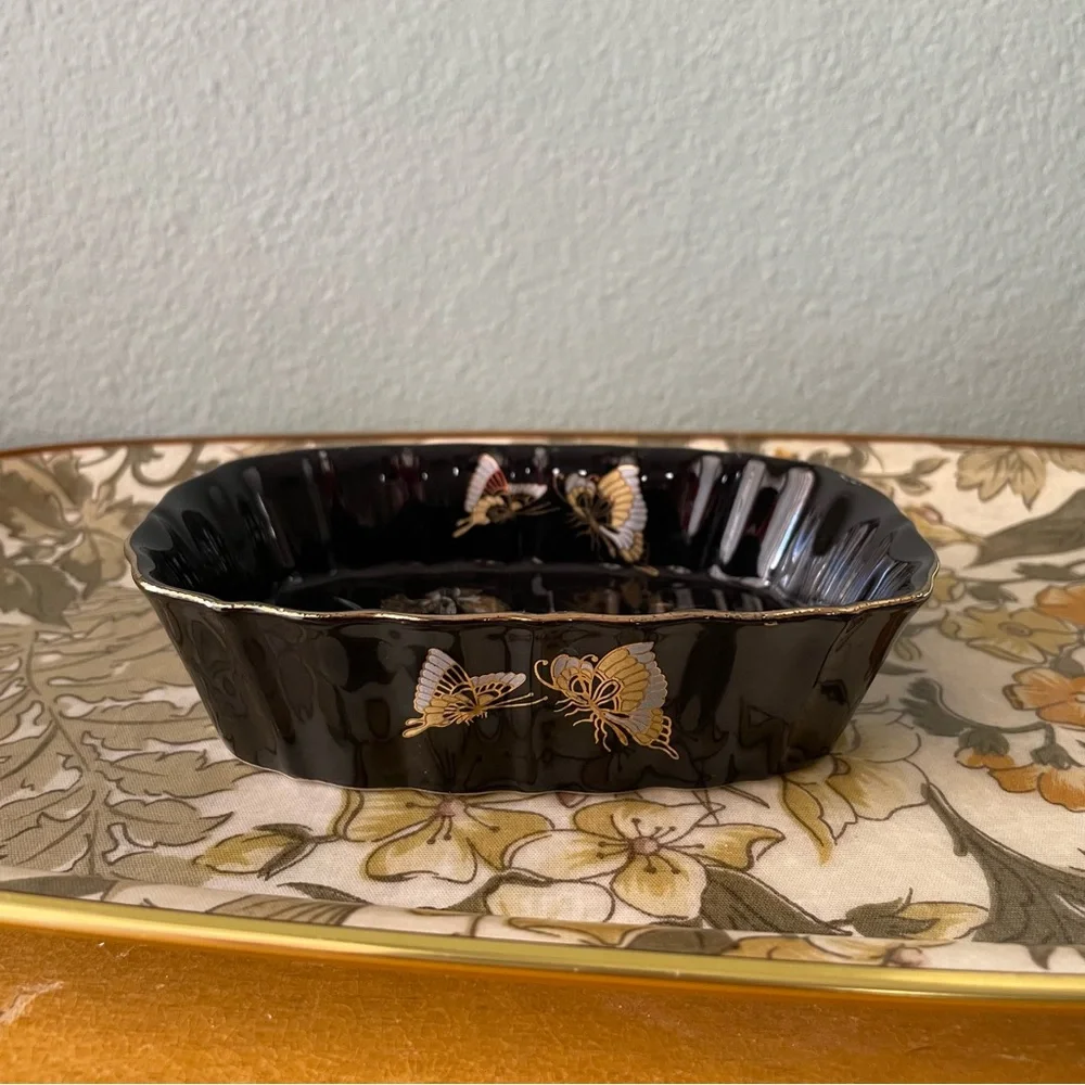Kutani | Vintage Japanese Black Gold Iris Butterfly Soap Trinket Dish | Fairy
